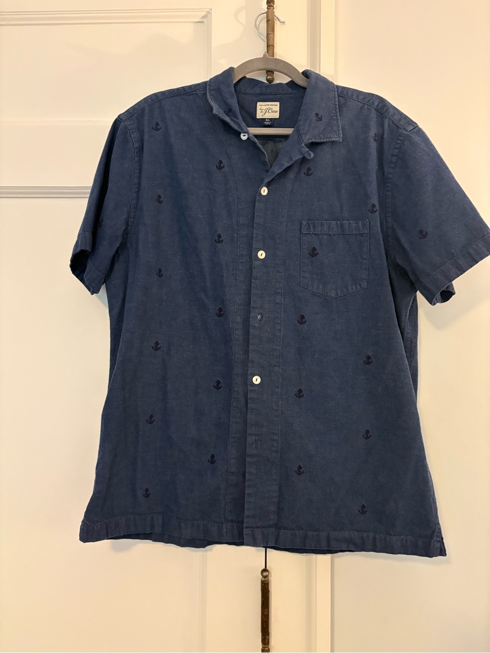 J. Crew Navy Blue Short-Sleeve Button-Down Shirt with Anchor Embroidery